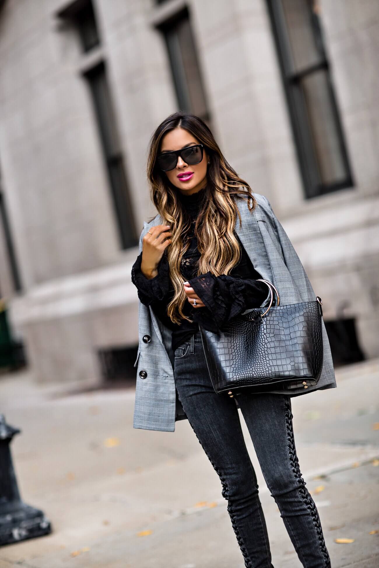 fashion blogger mia mia mine wearing a plaid blazer from bloomingdale's