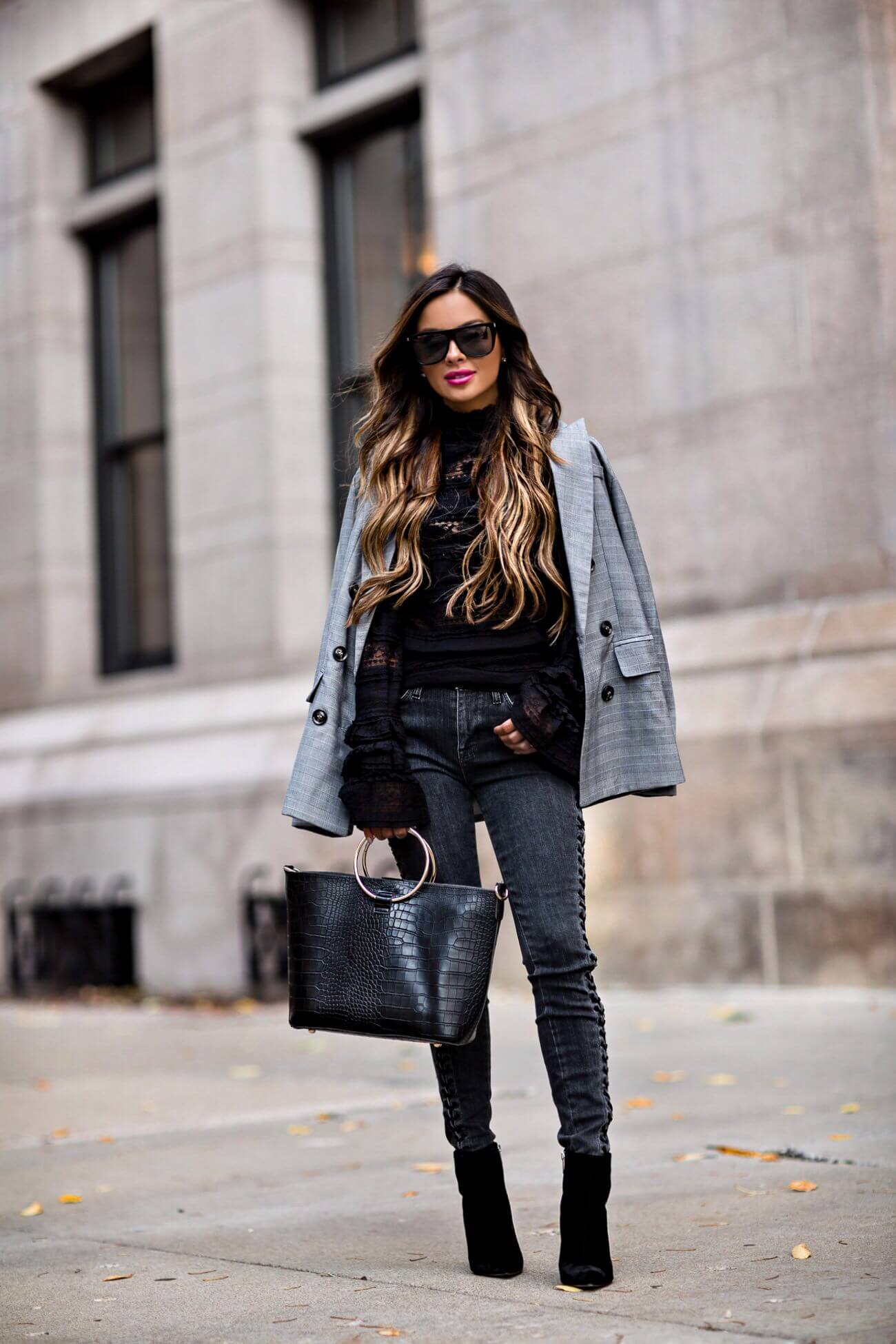 fashion blogger mia mia mine wearing a gray plaid blazer from bloomingdale's and marc fisher booties