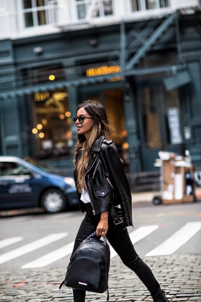 Maria Vizuete from Mia Mia Mine wearing a street style black leather outfit during NYFW week 2017