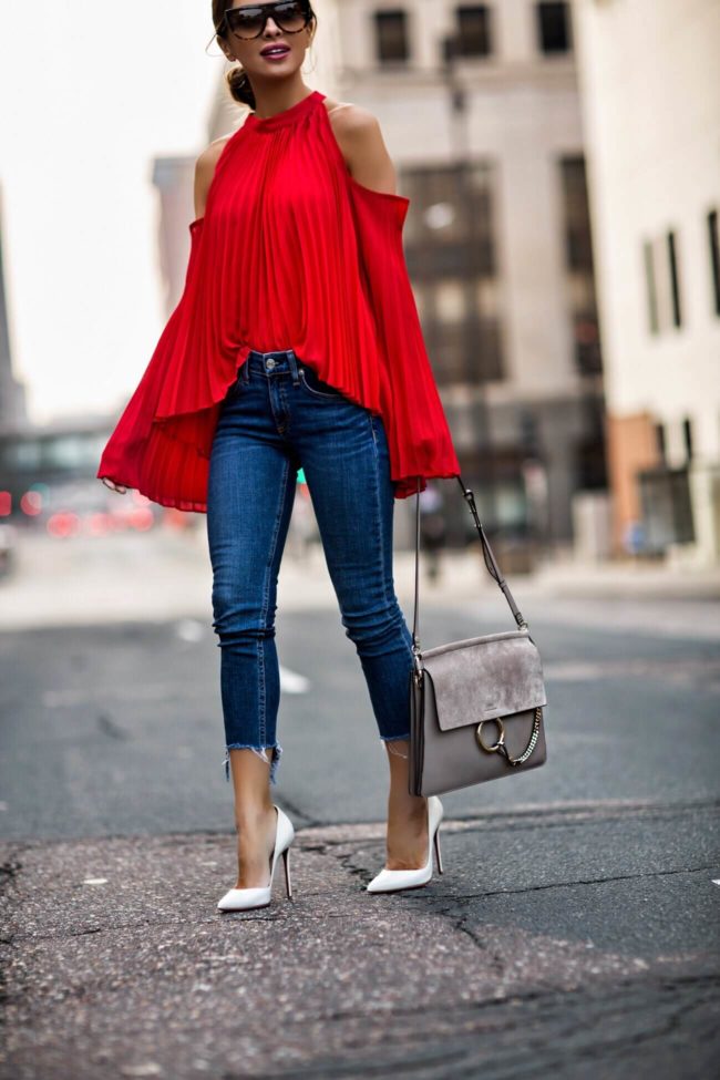 Style Mafia red op with pleats, Rag & Bone Step Hem jeans, Jules Smith Hoop Earrings, Chloe Faye bag, Celine sunglasses
