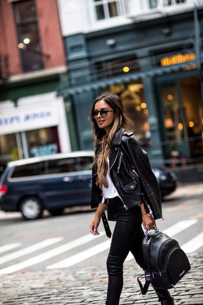 Fashion blogger wearing black leather street style outfit in New York City during fashion week 