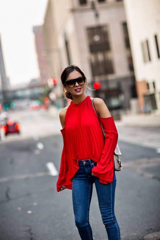 Red outfit with jeans for fall fashion inspiration 