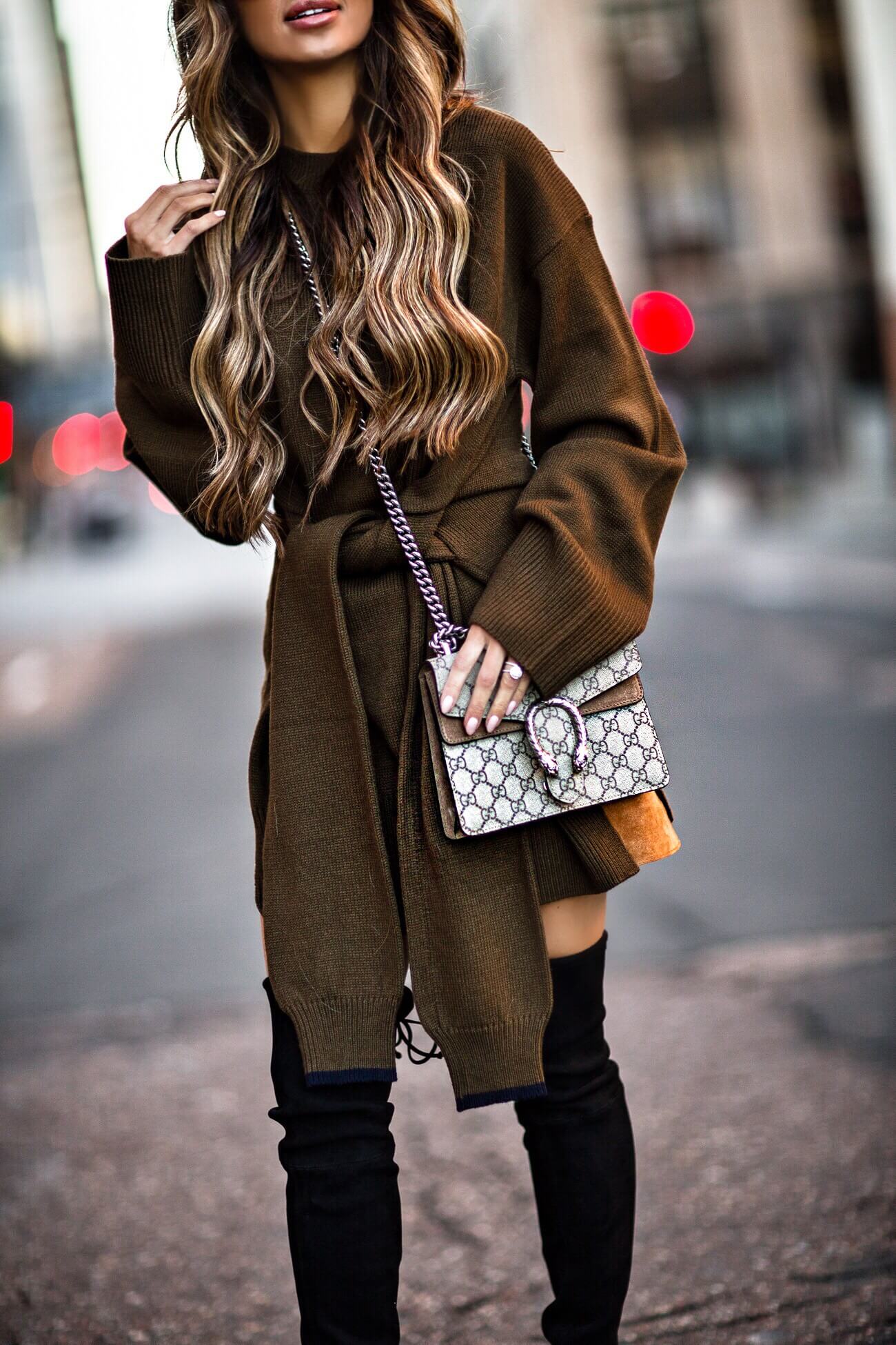 fashion blogger mia mia mine wearing a tie front sweater from nordstrom and a gucci dionysus bag