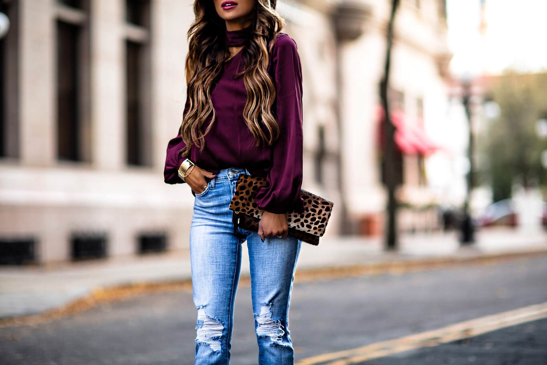 fashion blogger mia mia mine wearing l'agence denim intermix and a purple top for fall