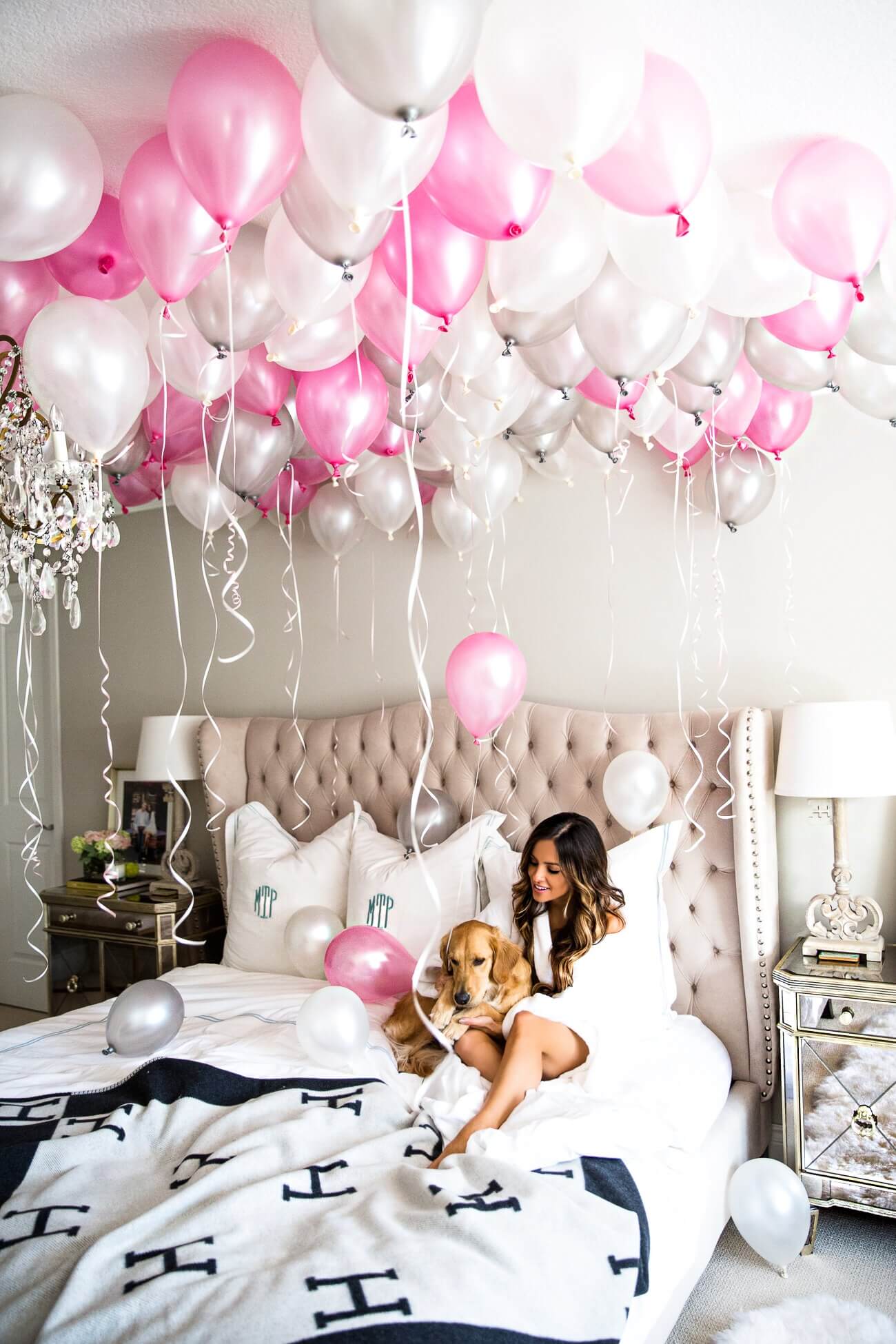 fashion blogger mia mia mine at home with birthday balloons