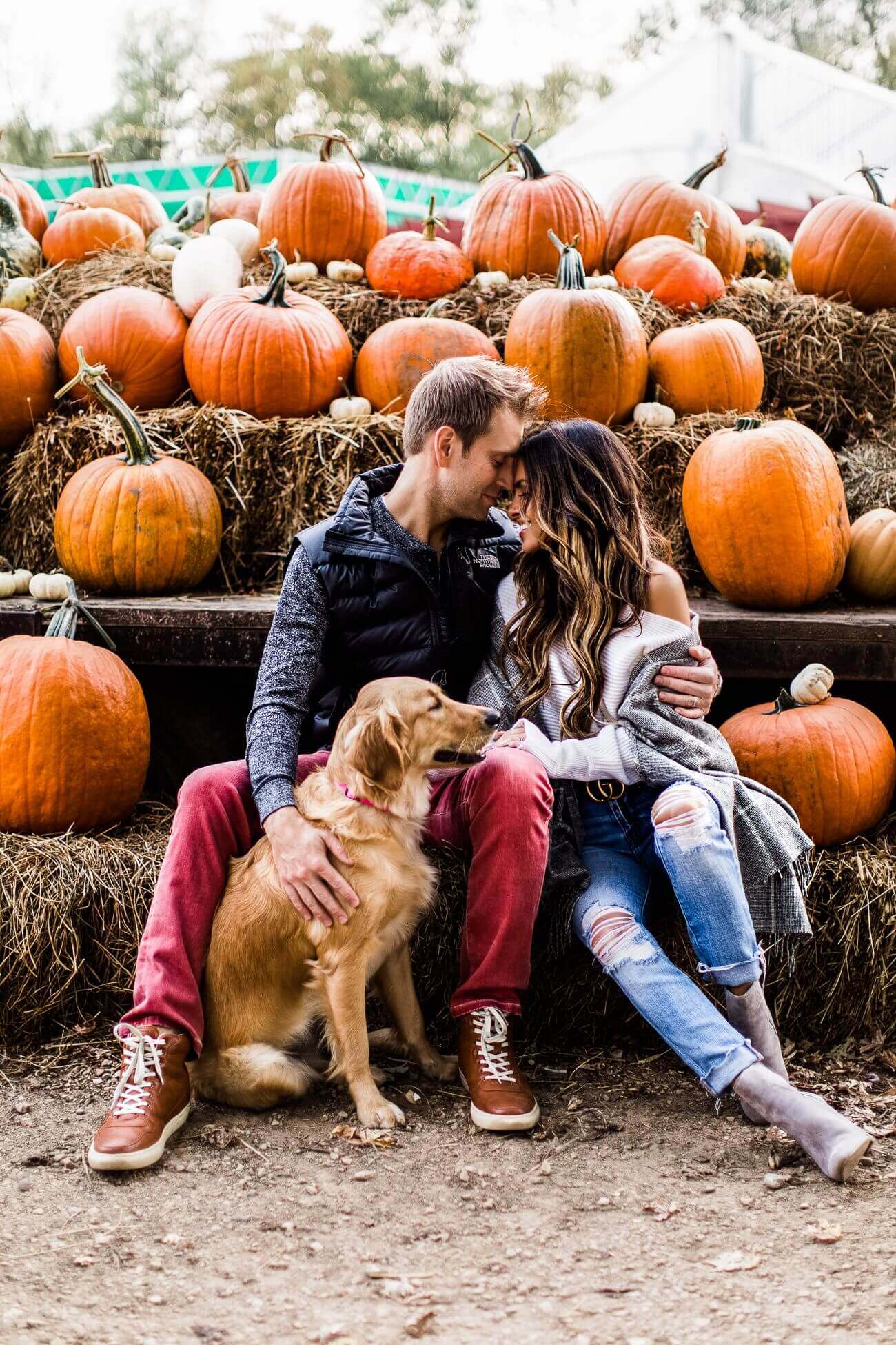 fashion blogger mia mia mine at a pumpkin patch with her husband phil and golden retriever