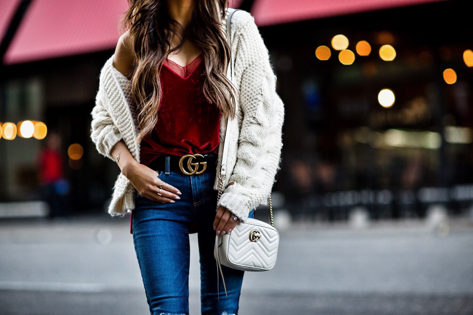 fashion blogger mia mia mine wearing a gucci marmont bag
