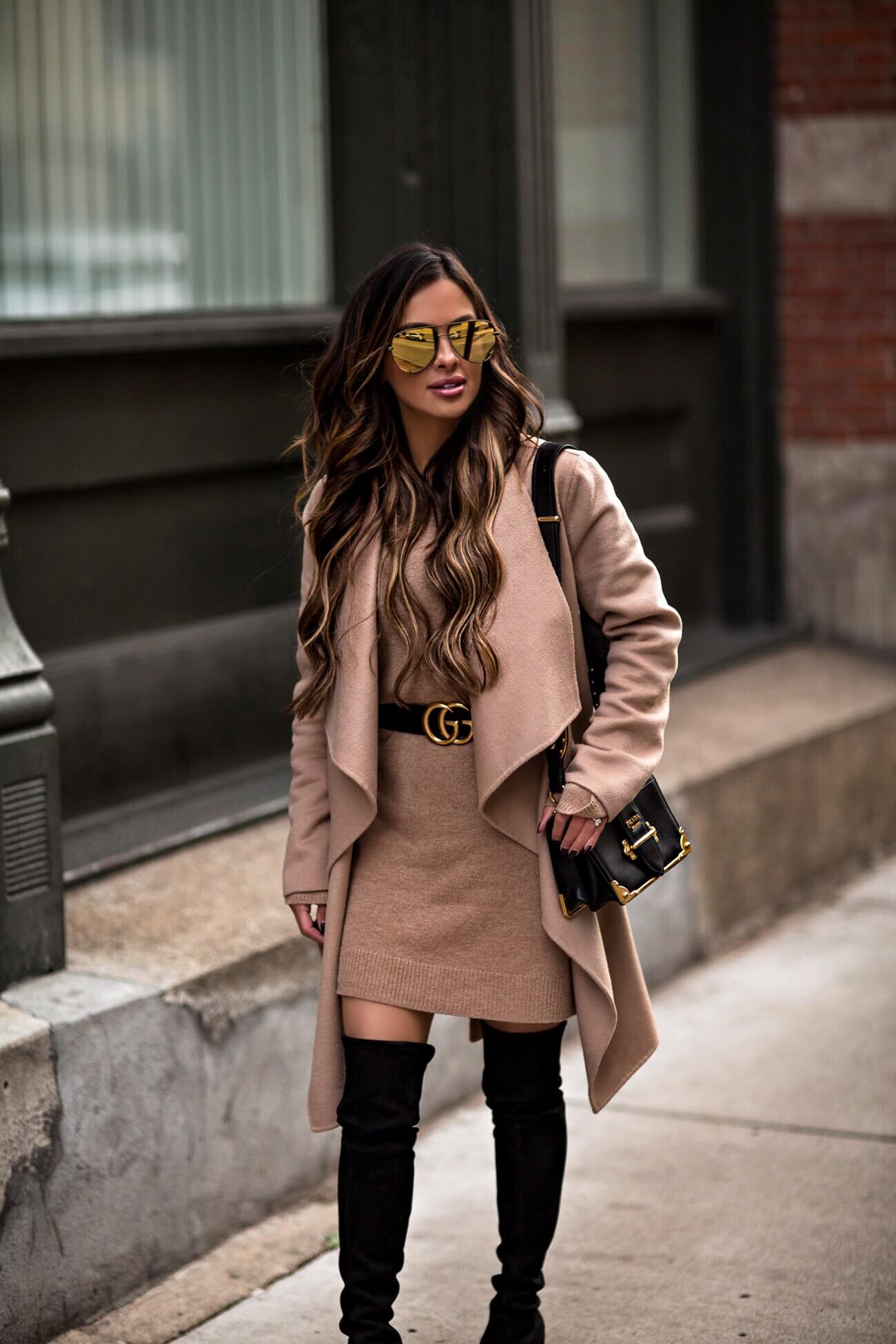 fashion blogger mia mia mine wearing a camel coat from nordstrom and a gucci belt