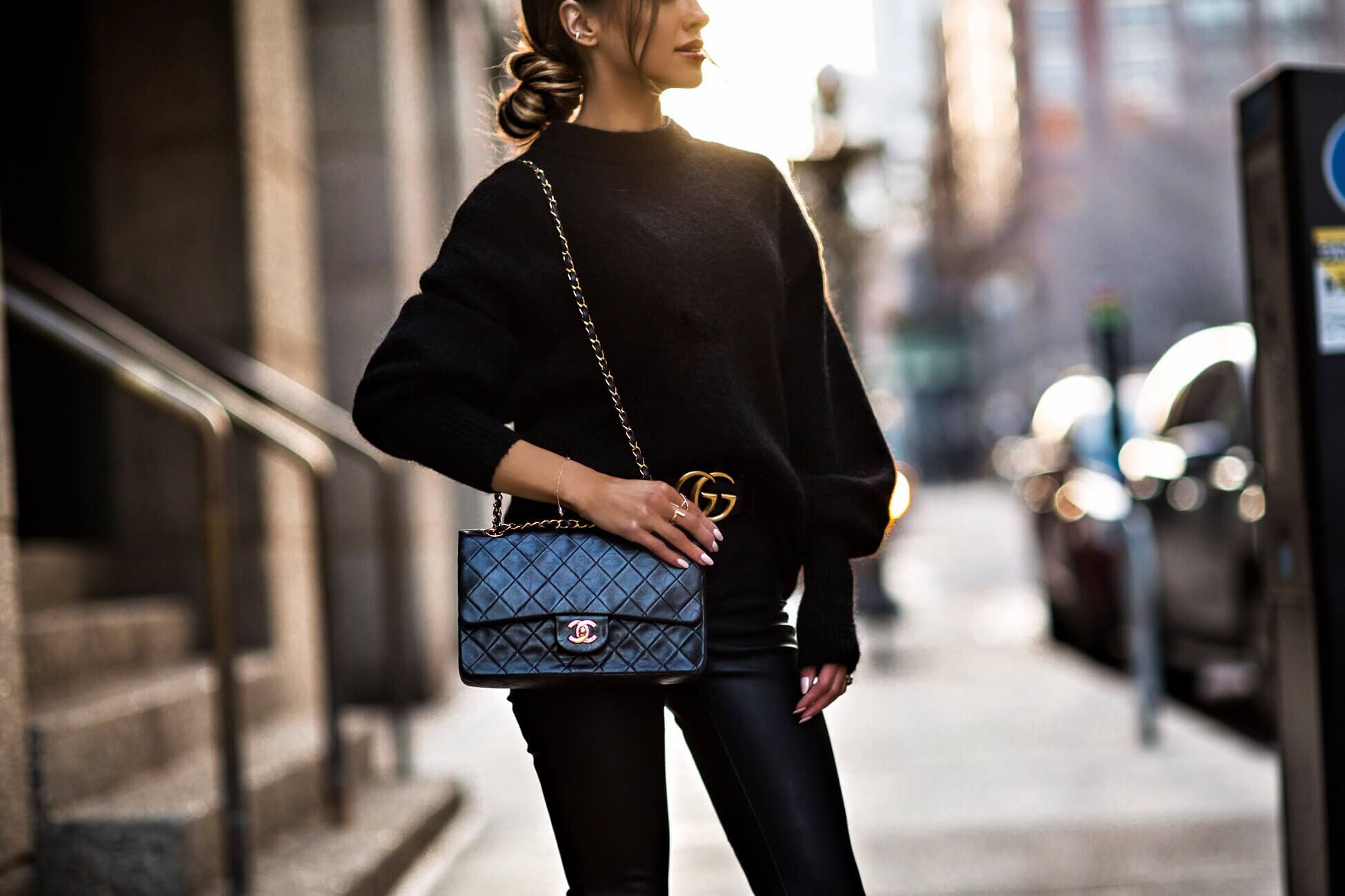 fashion blogger mia mia mine wearing a chanel bag and a gucci belt