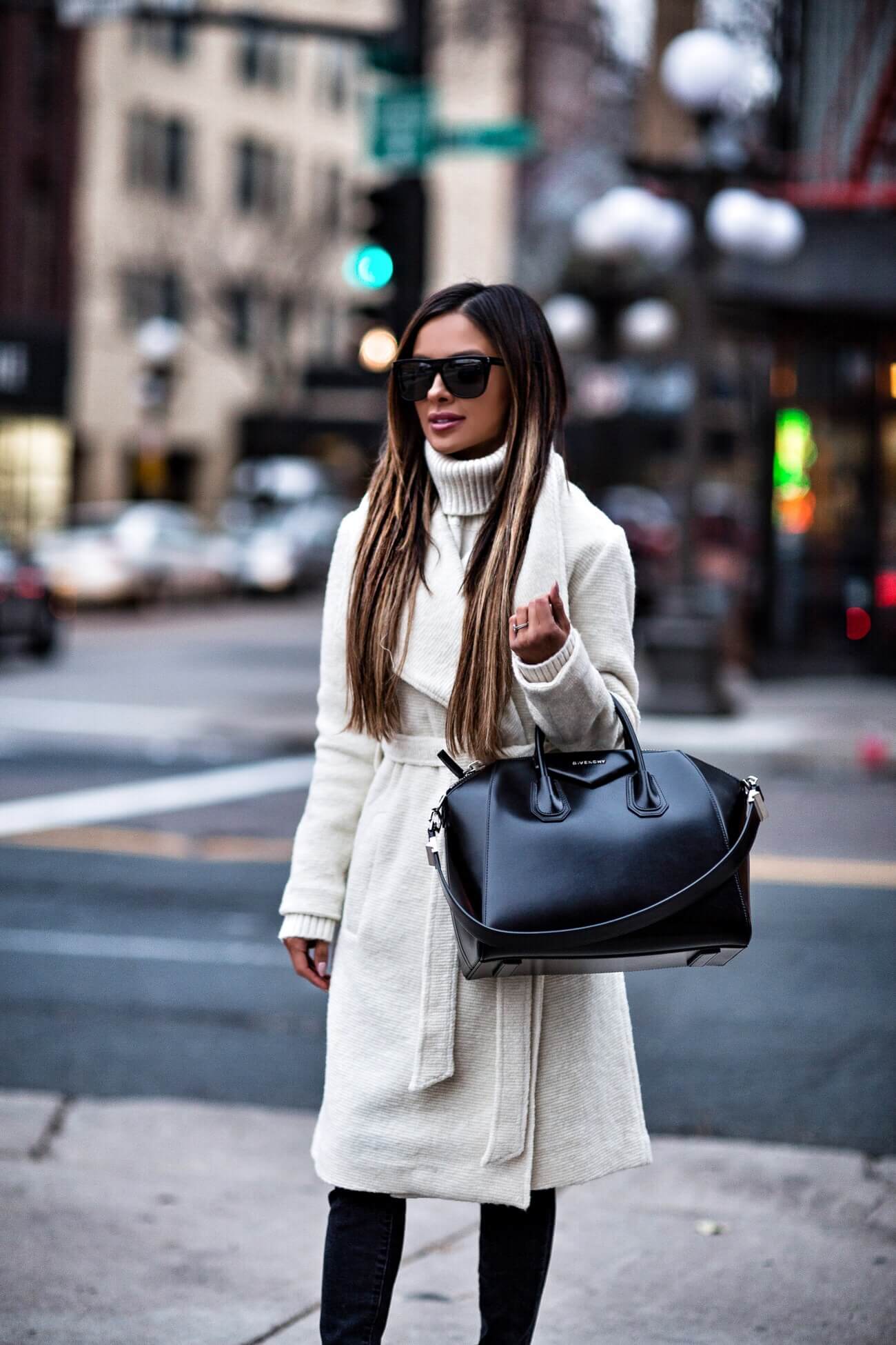 mia mia mine wearing a white wrap coat from shopbop and a givenchy antigona bag