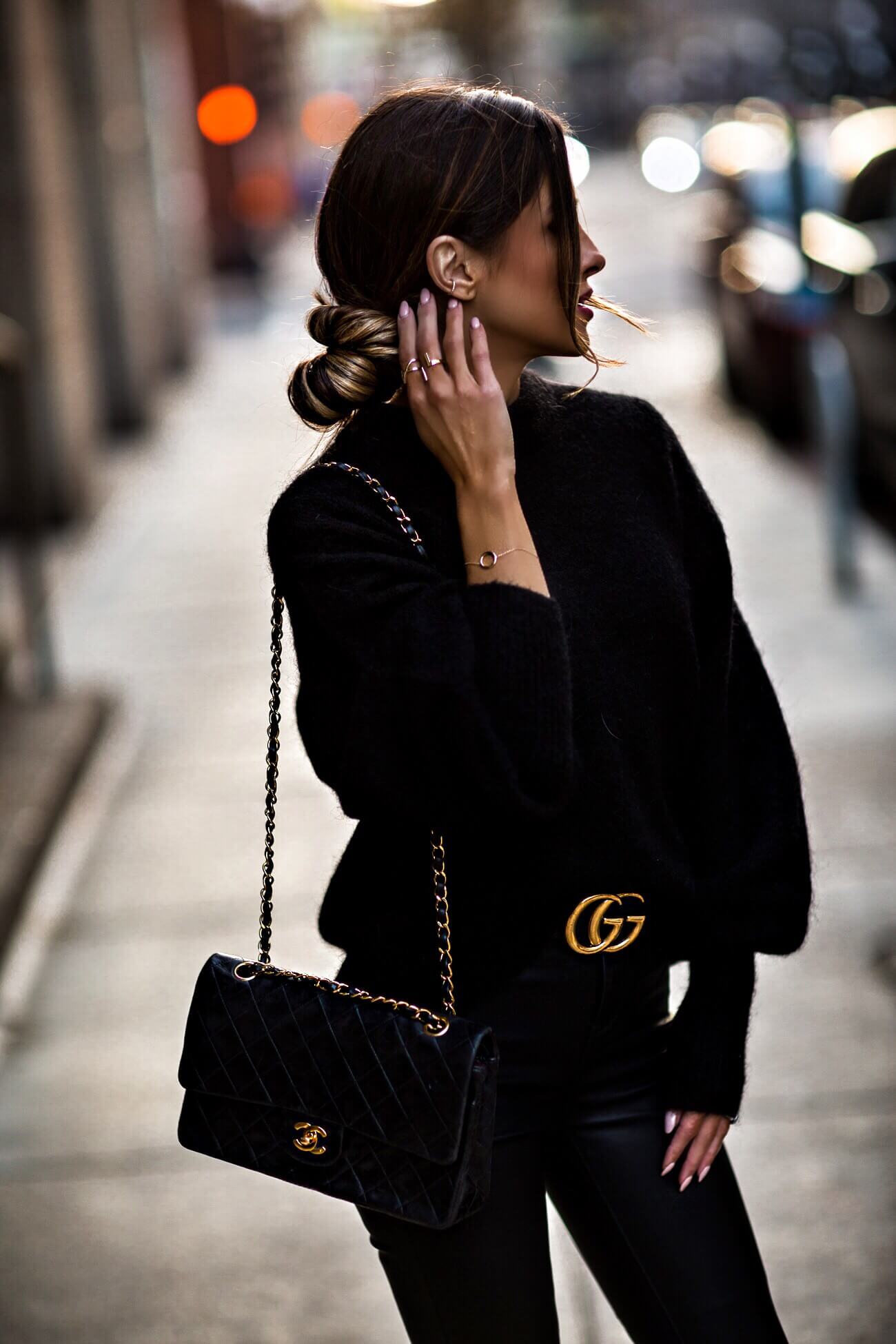fashion blogger mia mia mine wearing a gucci belt and aurate new york delicate jewelry