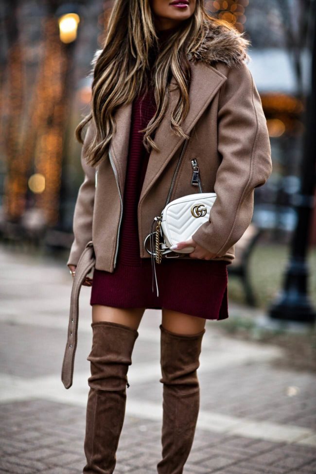fashion blogger mia mia mine wearing a gucci marmont bag and stuart weitzman over the knee boots