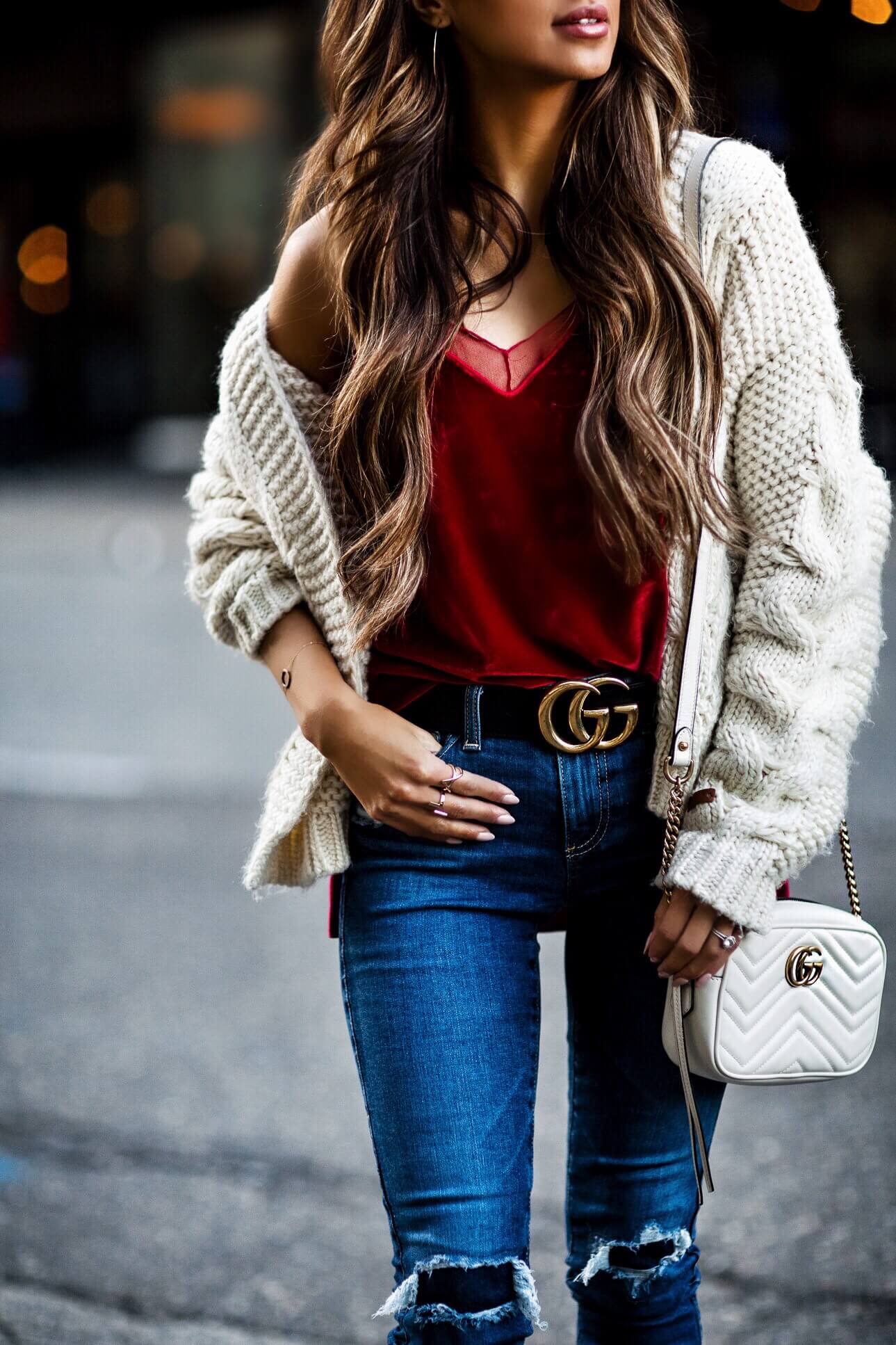 fashion blogger mia mia mine wearing a gucci double g buckle belt and aurate jewelry