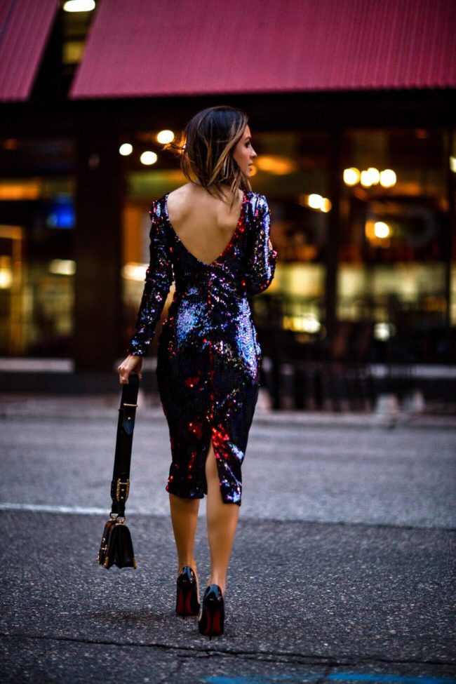 fashion blogger mia mia mine wearing a sequin dress by dress the population from nordstrom
