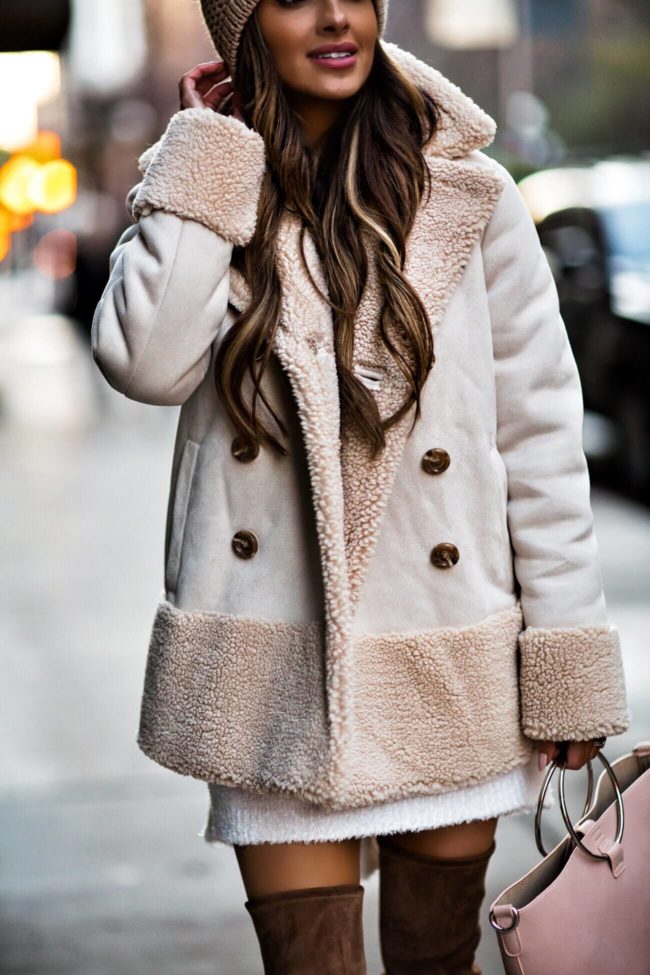 White faux shearling winter jacket from Bloomingdales