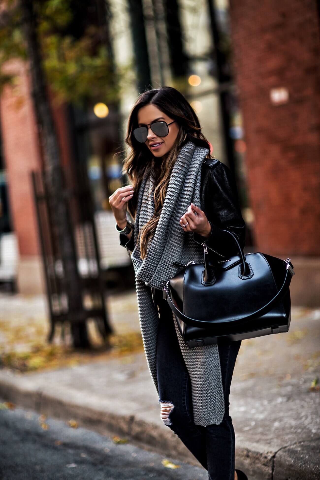 fashion blogger mia mia mine wearing a leather jacket and a gray scarf from asos