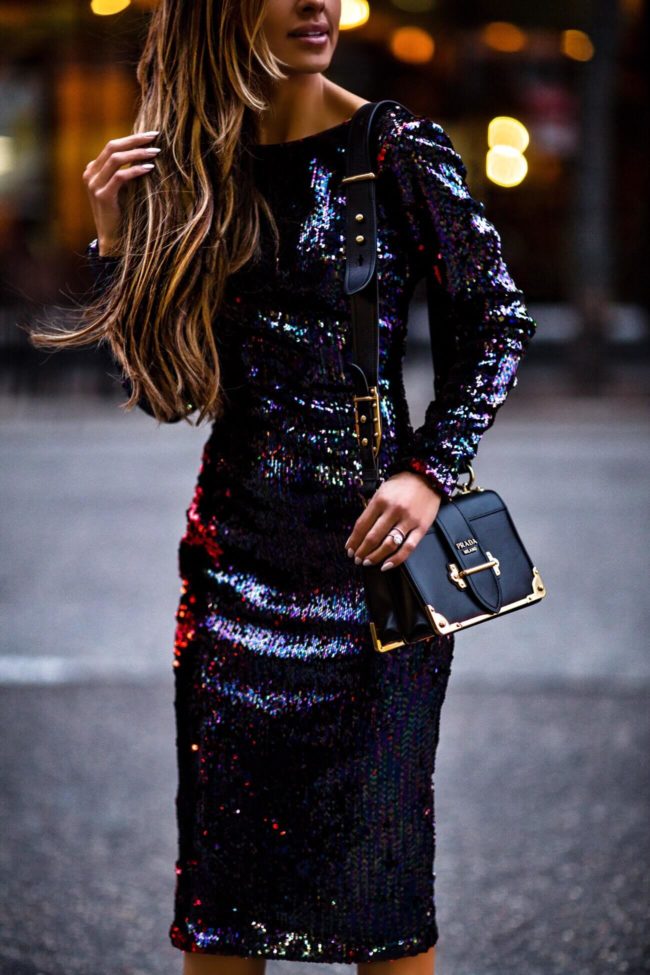 mia mia mine wearing a sequin dress and prada cahier bag from nordstrom