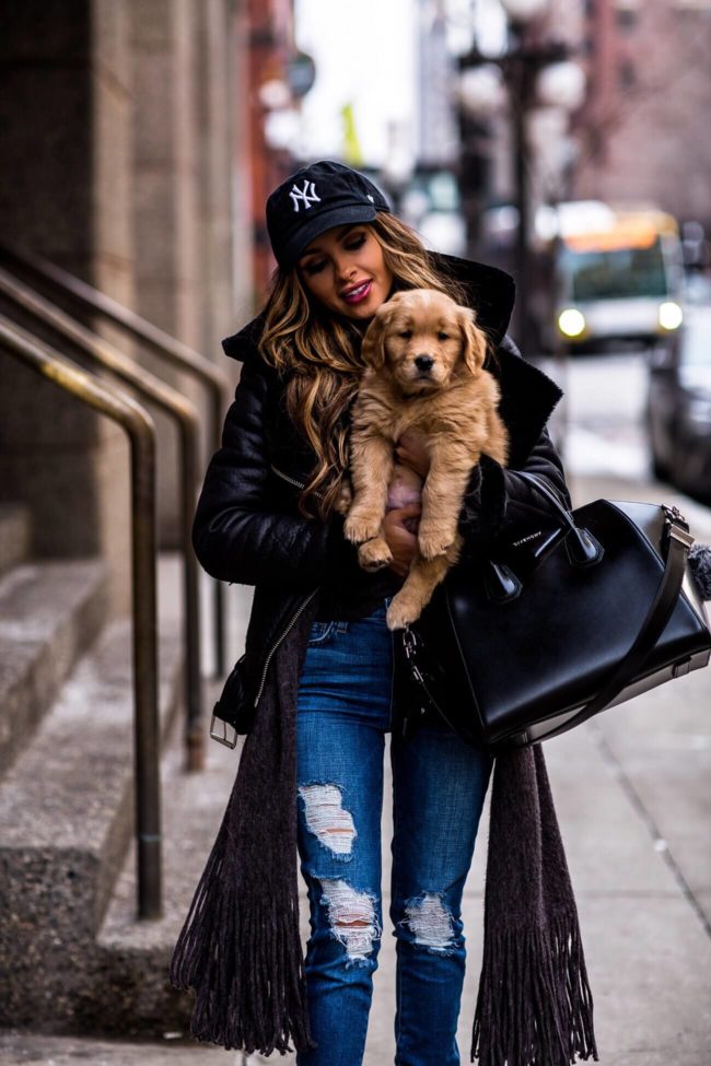 fashion blogger mia mia mine wearing a givenchy antigona bag with golden retriever puppy leo