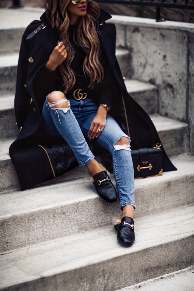 fashion blogger mia mia mine wearing steve madden slides from macy's and a prada cahier bag