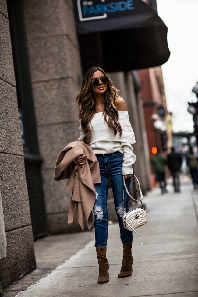 fashion blogger mia mine wearing a white off-the-shoulder sweater from shopbop and alexander wang booties