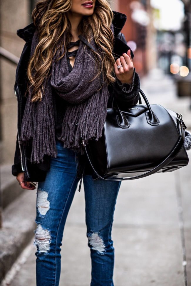 fashion blogger mia mia mine wearing a free people scarf and givenchy antigona bag on sale