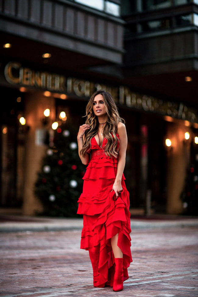 fashion blogger mia mia mine wearing a red lace dress and david yurman necklaces