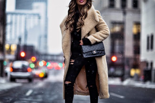 fashion blogger mia mia mine wearing a teddy bear coat from missguided