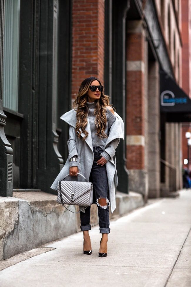 fashion blogger mia mia mine wearing a gray coat from mango