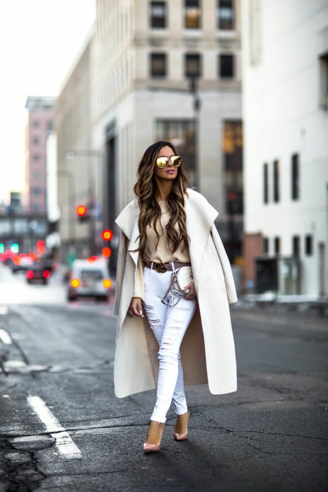 fashion blogger mia mia mine wearing a cream waterfall jacket and white distressed denim from shopbop