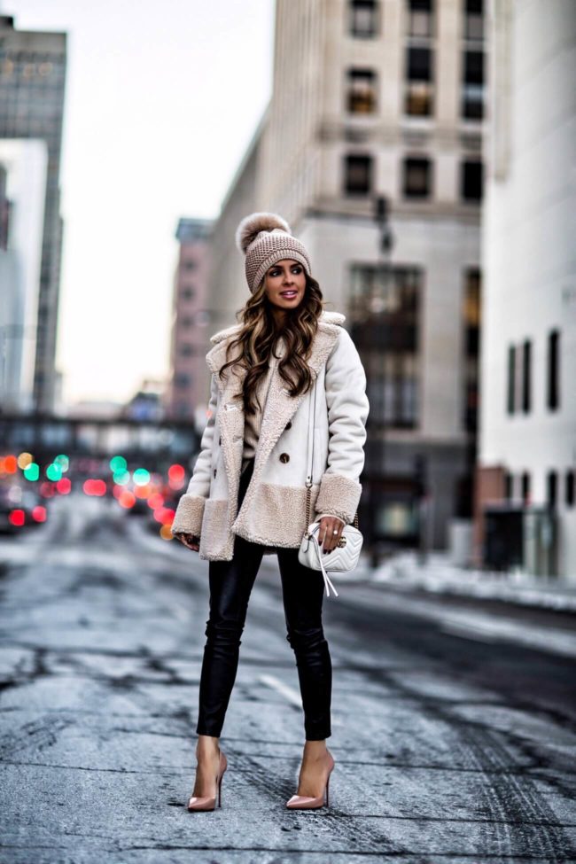 fashion blogger mia mia mine wearing a shearling jacket by mother