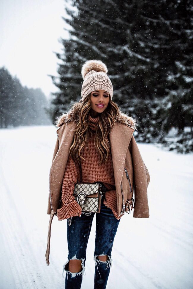 fashion blogger mia mia mine wearing a camel coat and a gucci dionysus bag from nordstrom