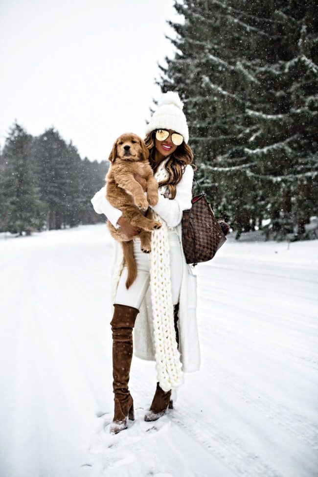 fashion blogger mia mia mine wearing a white fuzzy sweater from nordstrom and a free people beanie