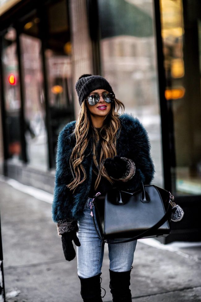 fashion blogger mia mia mine wearing a faux fur teal jacket from shopbop and l'agence denim