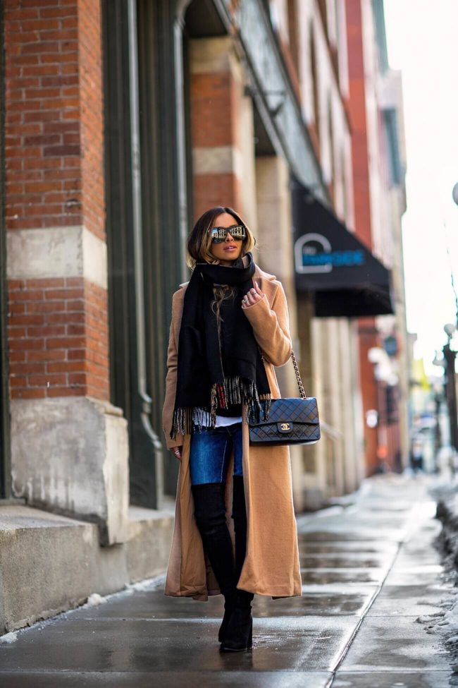 fashion blogger mia mia mine wearing a camel coat and burberry scarf and a chanel bag