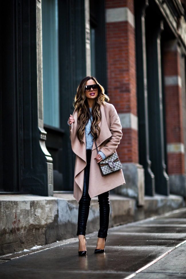 mia mia mine wearing a camel coat from nordstrom and a gucci mini dionysus bag