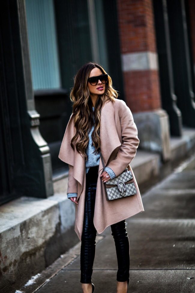 fashion blogger mia mia mine wearing a camel coat from nordstrom and a gucci dionysus bag