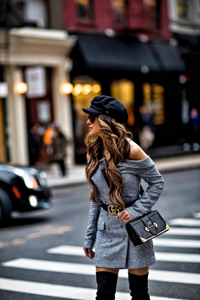 fashion blogger mia mia mine wearing a plaid blazer dress at nyfw february 2018