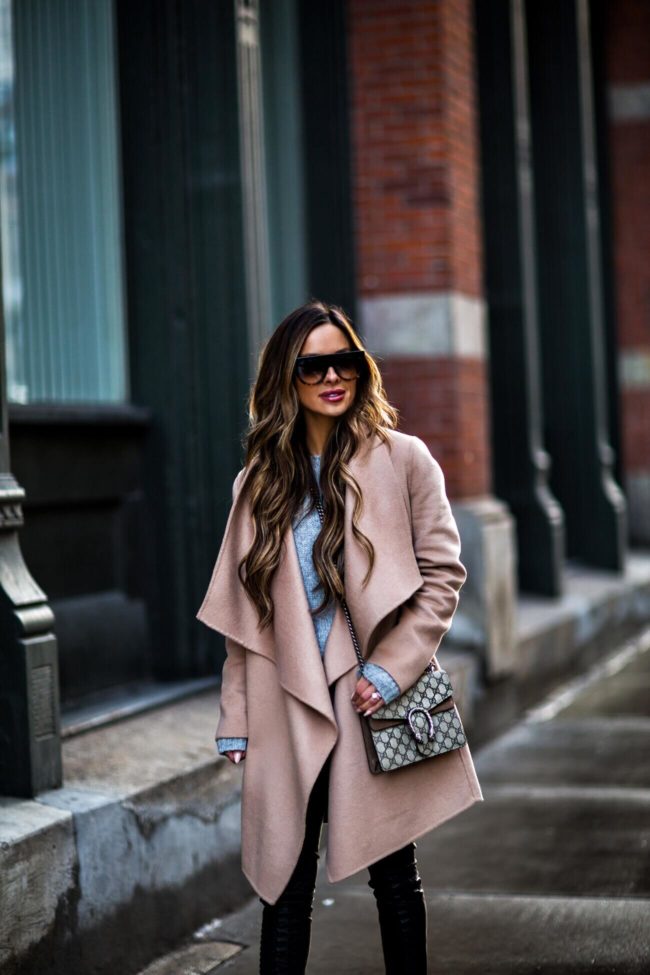 fashion blogger mia mia mine wearing a camel coat and gucci dionyusus bag