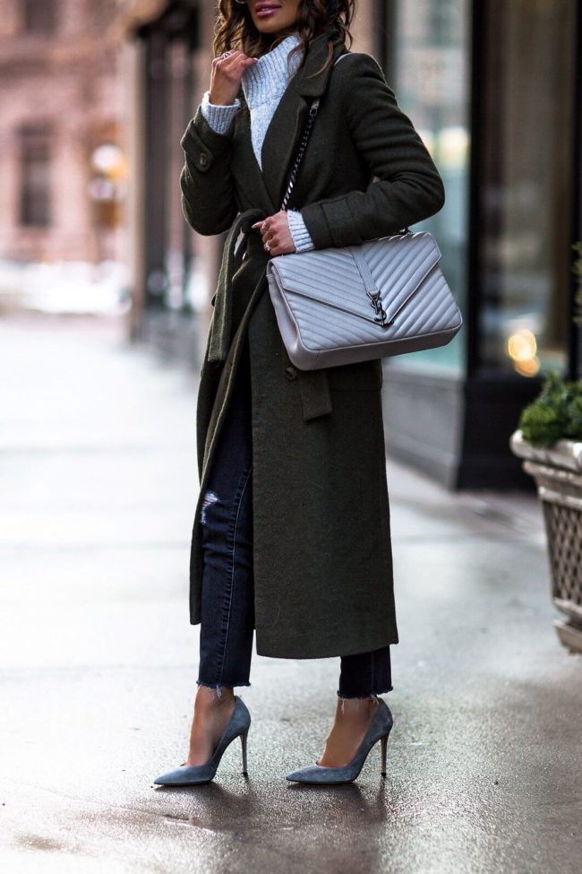 fashion blogger mia mia mine wearing a gray saint laurent college bag and gianvito rossi heels