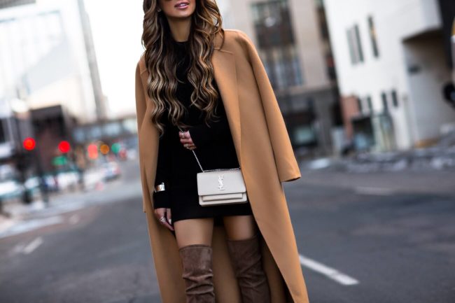 fashion blogger mia mia mine wearing a camel coat and a saint laurent sunset bag