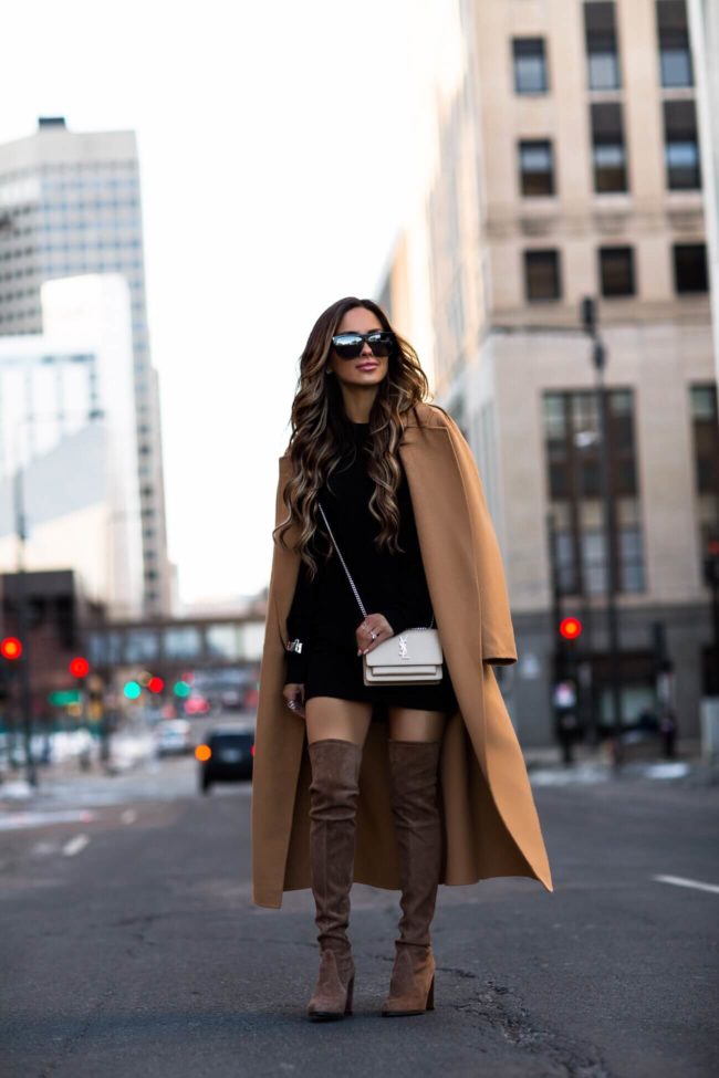 fashion blogger mia mia mine wearing a camel coat and saint laurent sunset bag