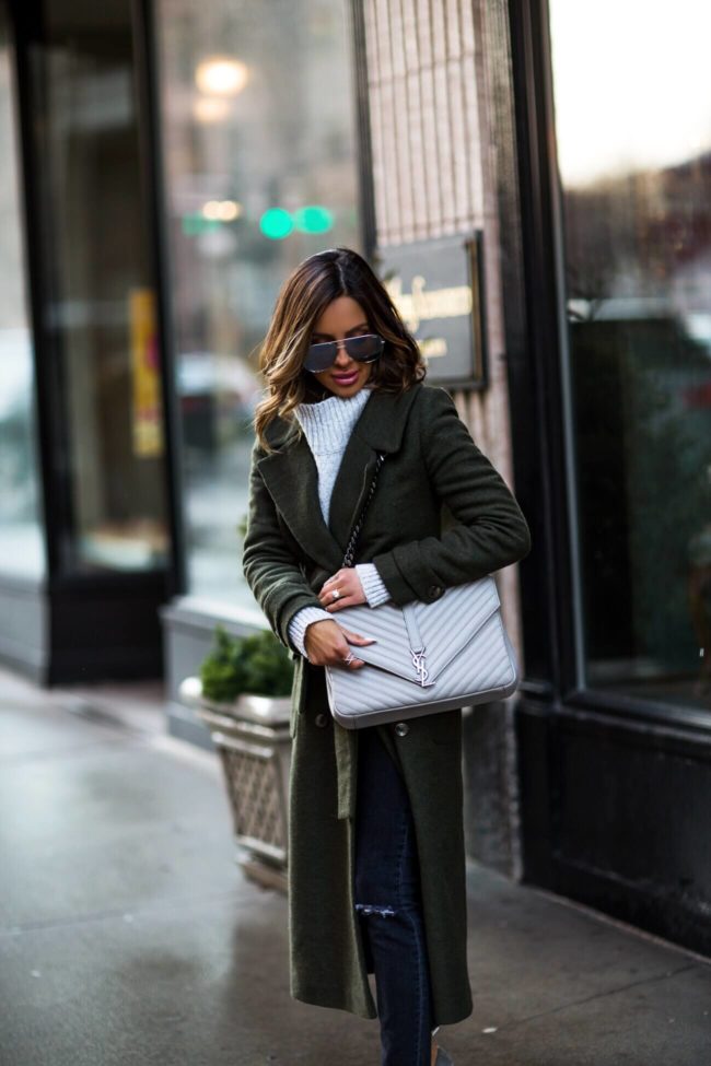 fashion blogger mia mia mine wearing an olive coat and saint laurent grey college bag
