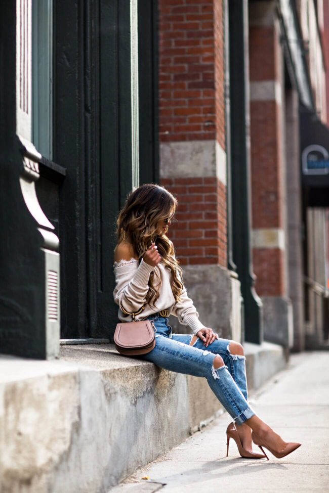 fashion blogger mia mia mine wearing a chloe nile bag and grlfrnd denim