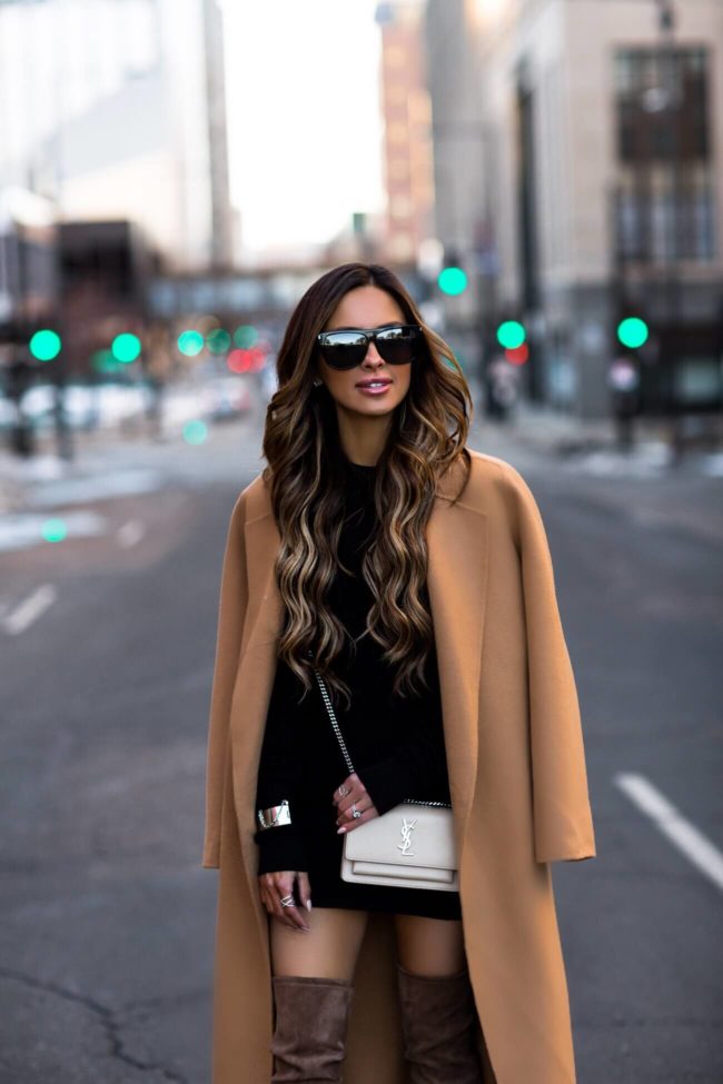 mia mia mine wearing a camel coat and ysl sunset bag