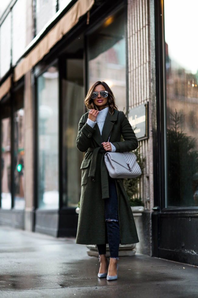 fashion blogger mia mia mine wearing an olive coat from asos and a saint laurent bag