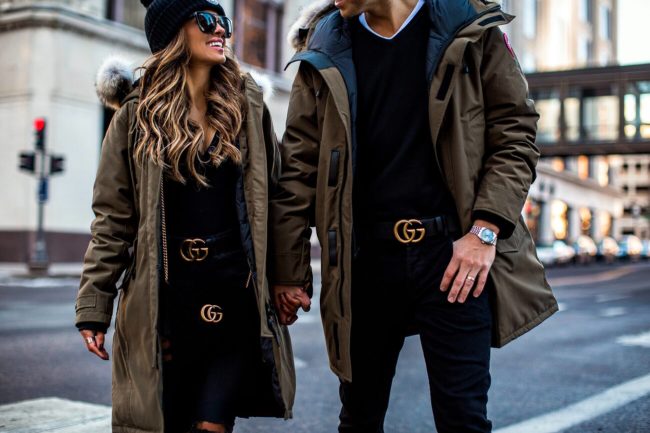 fashion blogger mia mia mine with husband phil wearing canada goose jackets