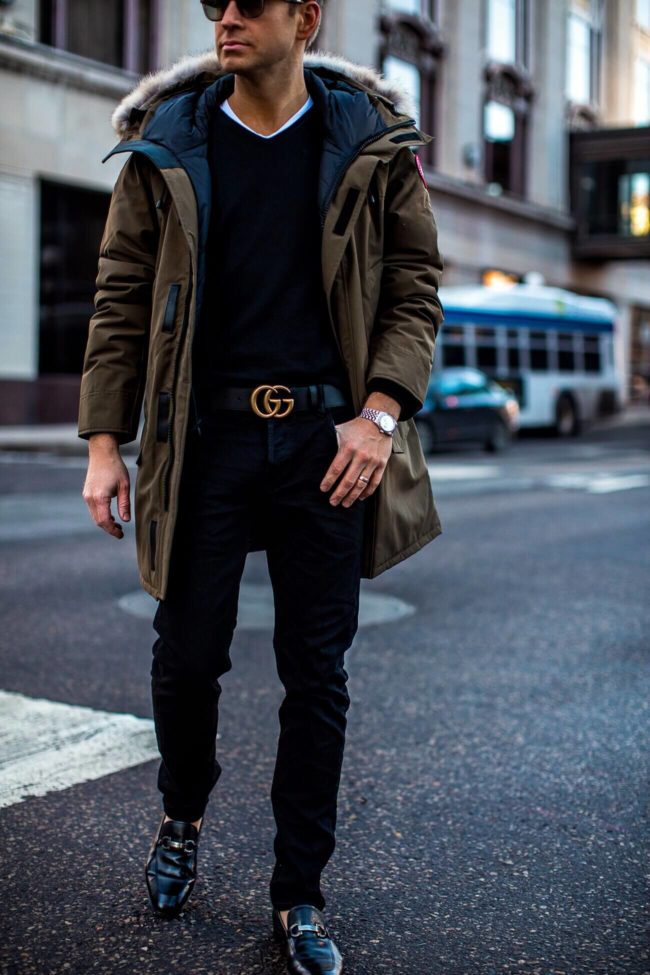 fashion blogger mia mia mine's husband phil thompson wearing a canada goose langford jacket and salvatore ferragamo shoes from nordstrom