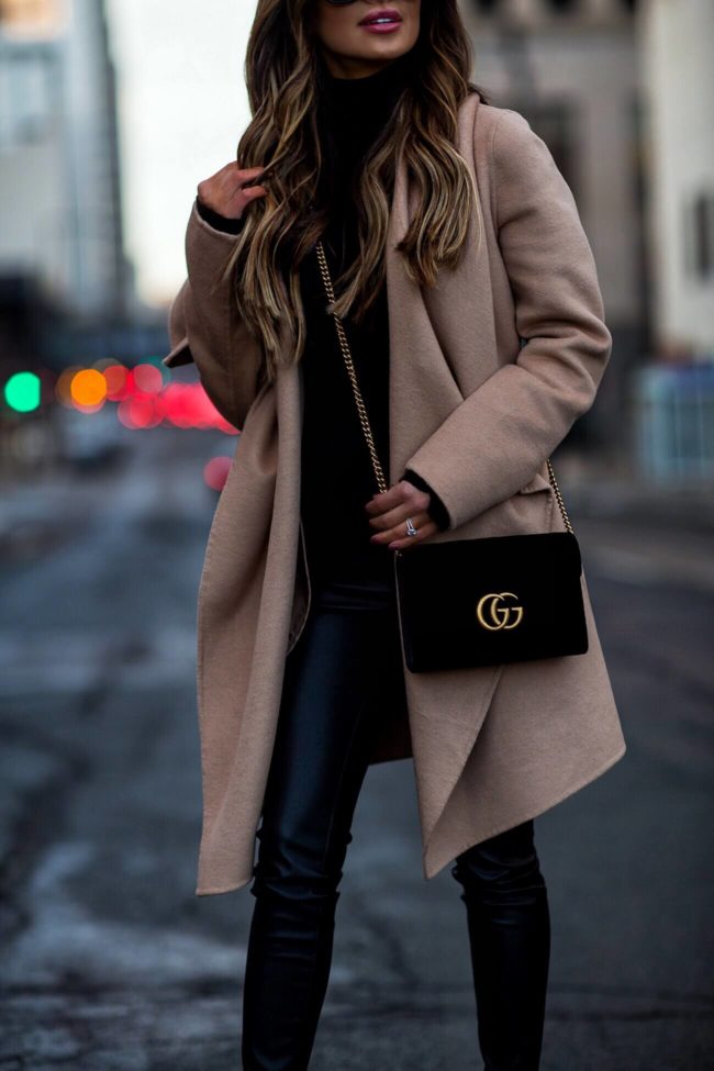 fashion blogger mia mia mine wearing a camel coat from nordstrom and a velvet gucci bag