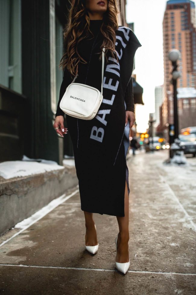 fashion blogger mia mia mine wearing a topshop dress and a balenciaga bag from nordstrom