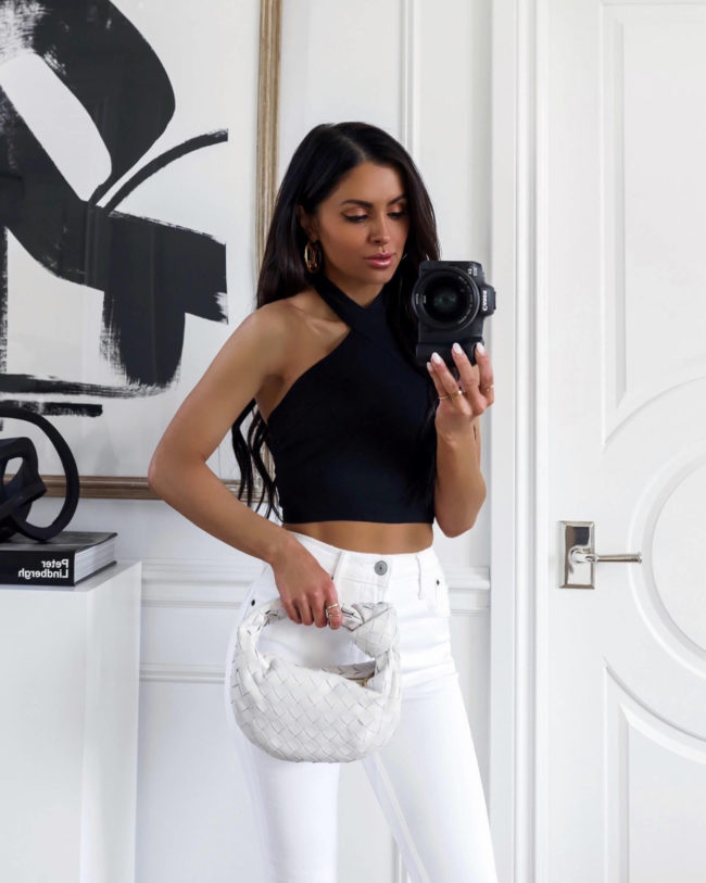 fashion blogger mia mia mine wearing a linen crop top from abercrombie